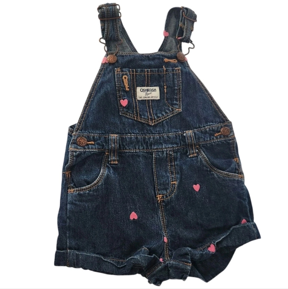 Oshkosh B’gosh Girls Jean Denim Overalls 18 Months Shorts Pink Hearts Vestbak
